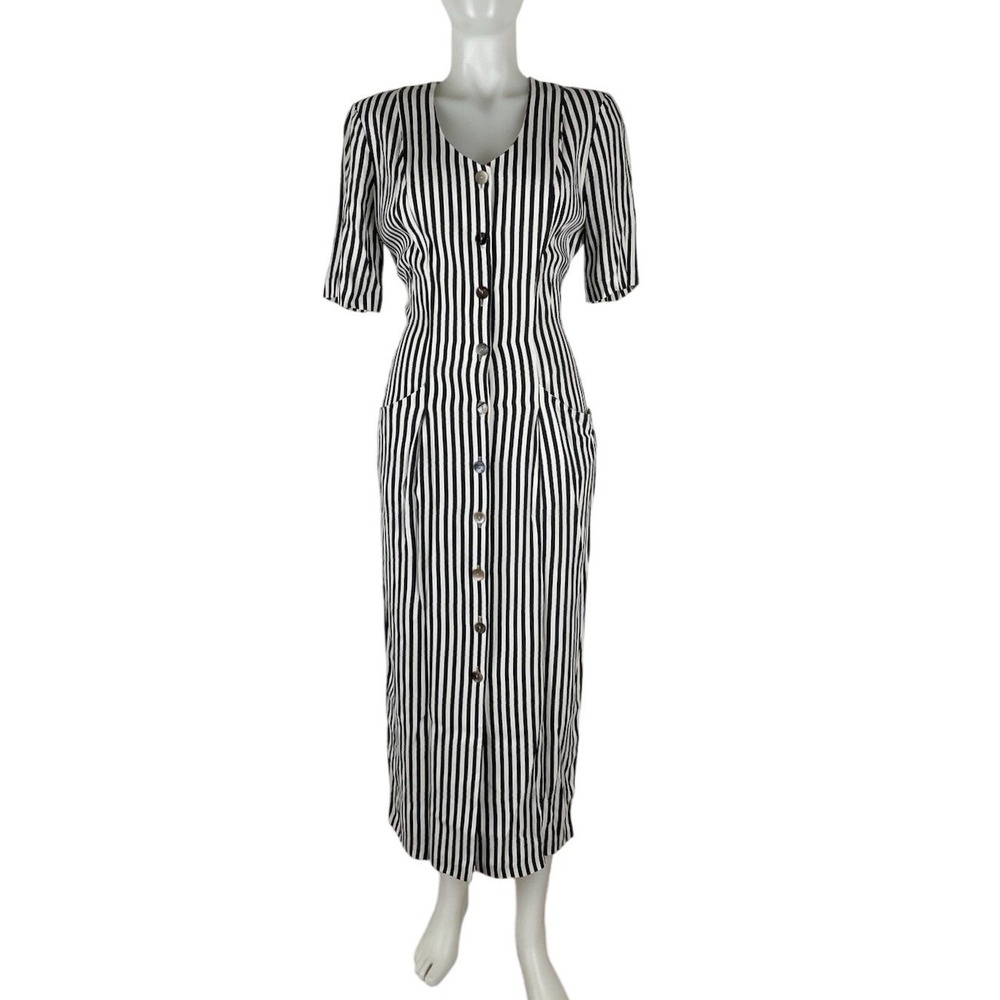 Vintage Knapp Studio Dress Stripe Button Front Tie Back 80s